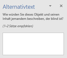Fenster in Word für Alt-Texte: "Wie würden Sie dieses Objekt und seinen Inhalt jemandem beschreiben, der blind ist? 1-2 Sätze empfohlen"