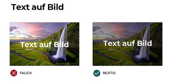 Zwei Bilder mit Aufschriften "Text auf Bild". Bild 1 hat wenig Kontrast, darunter steht "falsch". Bild 2 hat mehr Kontrast, darunter steht "richtig"