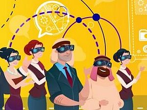 Welche Möglichkeiten birgt Virtual Reality für Menschen mit Sehbehinderungen im Bildungsbereich? Illustration mit gelbem Hintergrund: verschiedene Personen mit VR-Brille schauen nach rechts