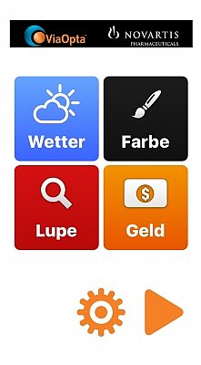 Die App Viaoptica bietet viele Funktionen. Am Startbildschirm der App befinden sich die Buttons für die Funktionen Wetter, Farberkennung, Lupe, Geldscheinerkennung und Einstellungen.