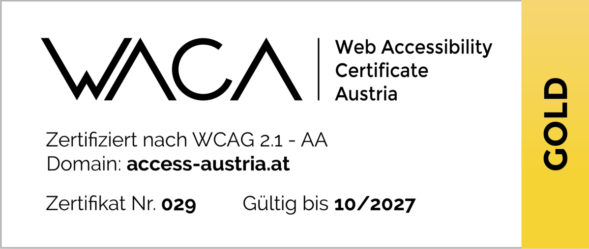 Ein Zertifikat aus einem großen weißen und einem kleinen goldenen Teil. Die wichtigsten Infos: Zertifiziert nach WCAG 2.1 - AA, Zertifikat Nr. 029, gültig bis 10/2027