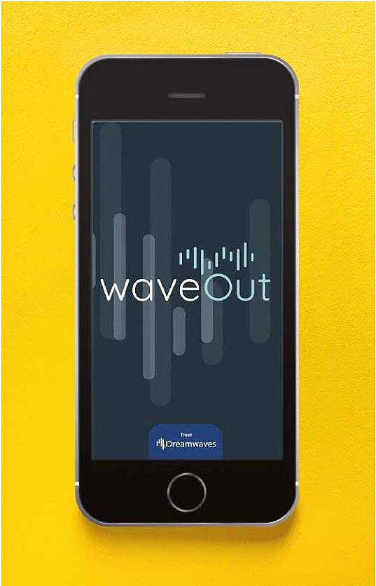 waveOut hilft bei der räumlichen Orientierung Schwarzes Handy auf gelbem Hintergrund. Bildschirm zeigt Aufschrift: wave out.