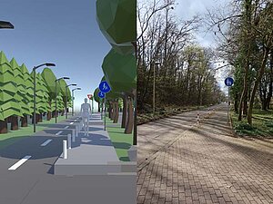 Rechts Foto einer Straßensituation, links die virtuelle Repräsentation anhand eines 3D-Modells